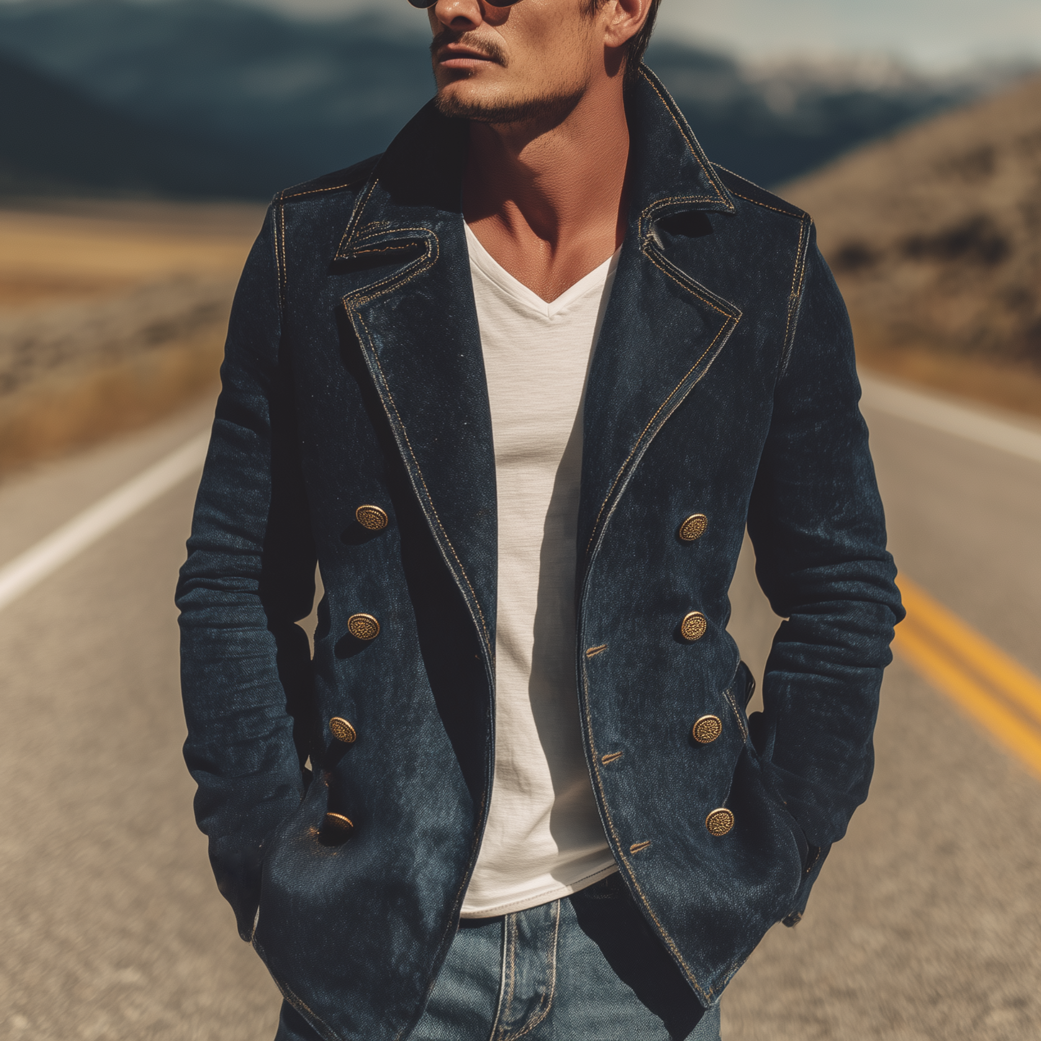 Men's Classic Retro Western Style Washed Denim Double-breasted Slim Fit Jacket MTA0821H3K