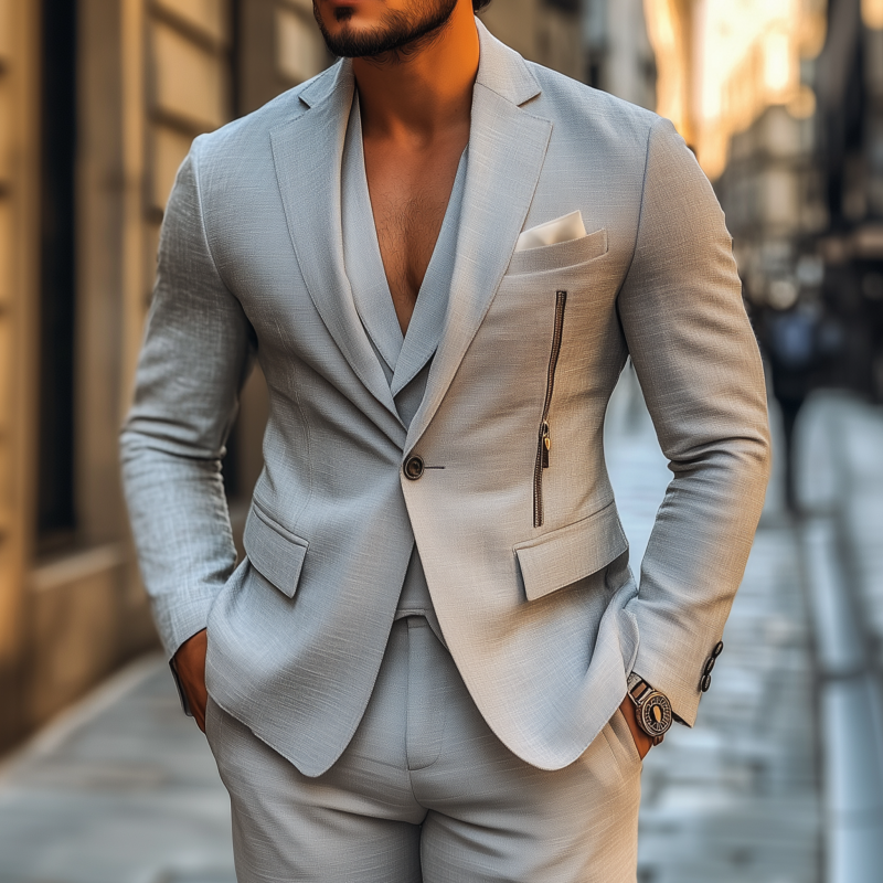 Men's Casual Solid Color Breathable Linen Notch Lapel Single-breasted Zipper Decorated Slim Fit Blazer MTA2836G5M