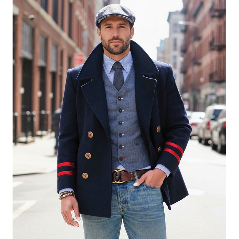 Men's Autumn And Winter Classic Navy Blue Double-breasted Short Coat MTA3011I9U