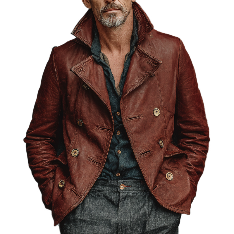 Men's Retro Solid Color Multi-Button Lapel PU Jacket MTA1712K3X