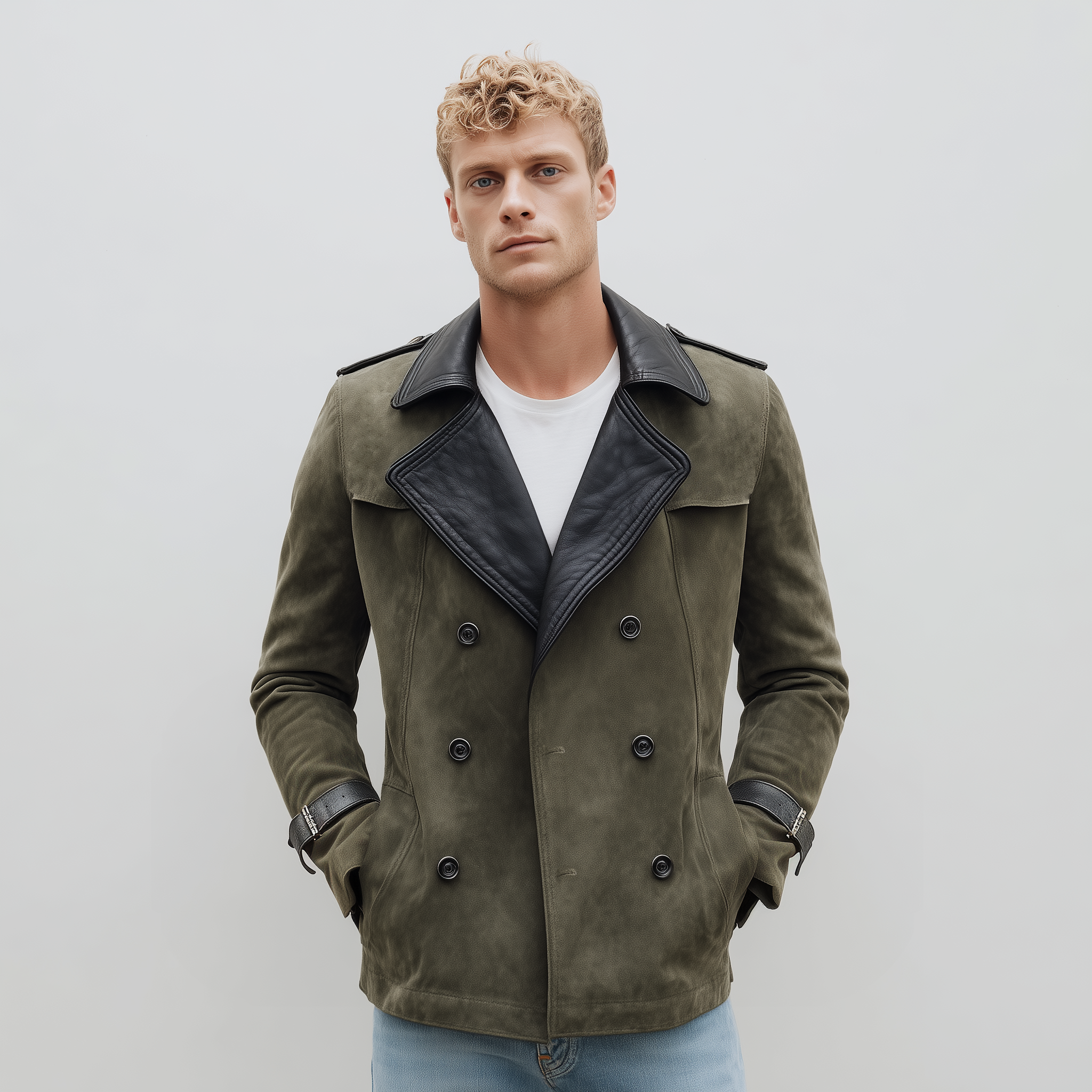 Men's Classic Casual Lapel PU Leather Double-breasted Suede Jacket MTA0279I9K