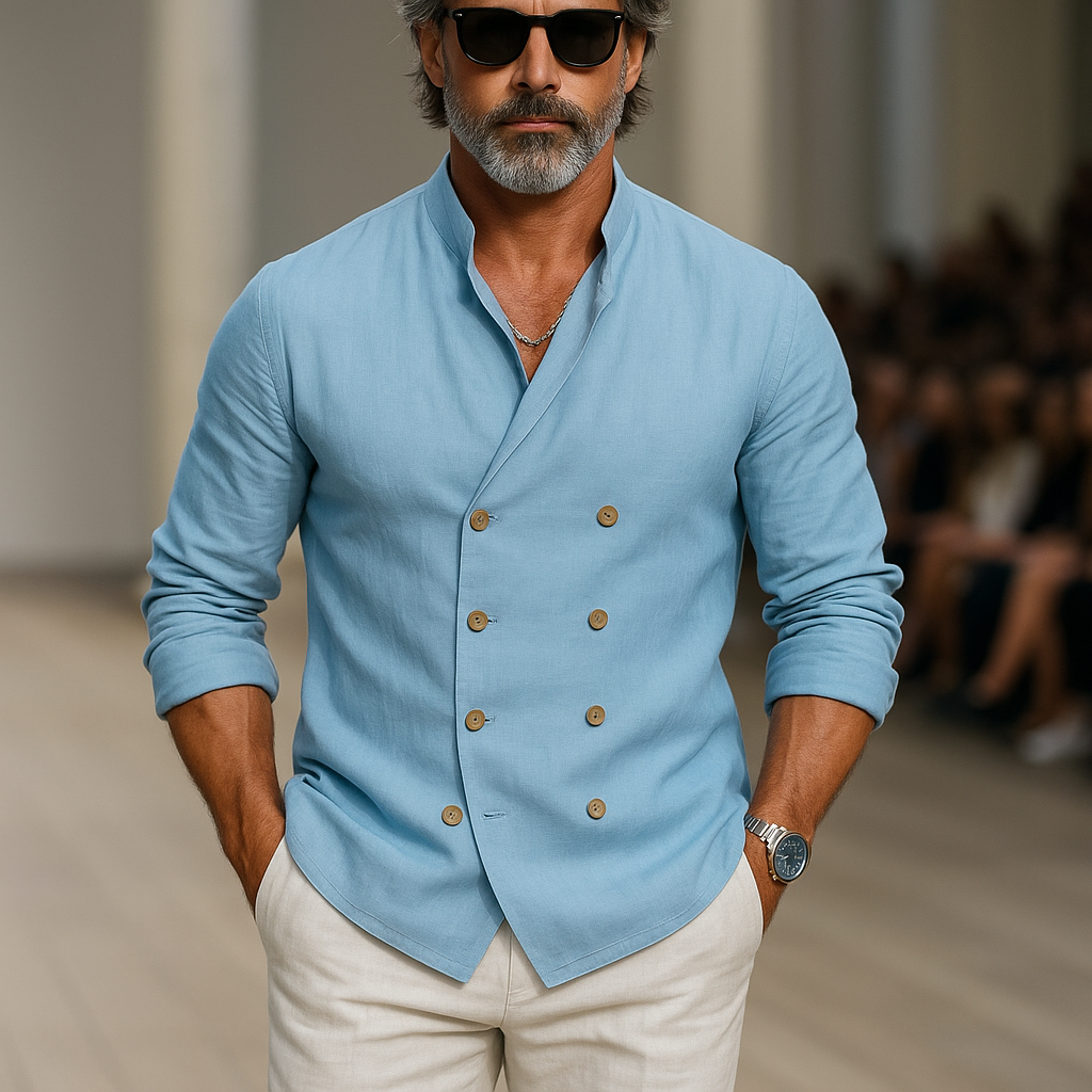 Men's Fashion Double Breasted Cotton And Linen Long Sleeve Shirt MTA2390G7P