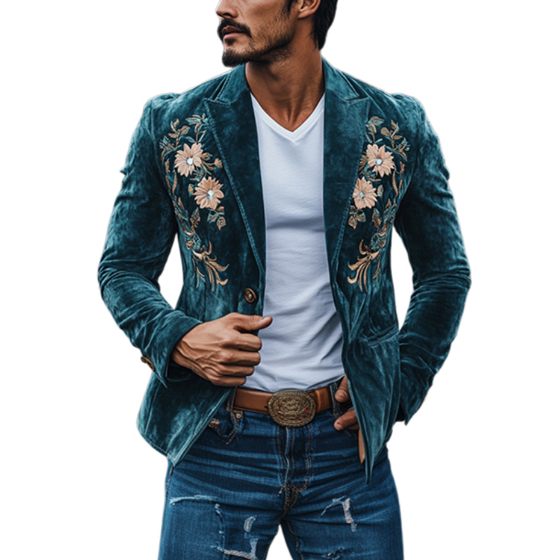 Men's Vintage Classic Casual Fit Western Style Embroidered Suede Blazer 11054947K