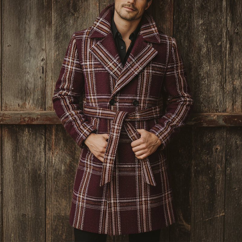 Men's Winter Fashion Plaid Faux Wool Double-Breasted Lapel Mid-Length Coat (Including Belt) MTA2550I3P