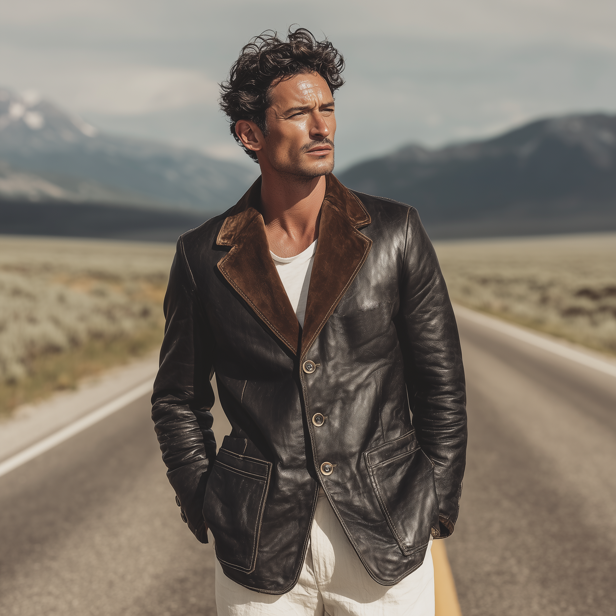 Men's Classic Retro Western Cowboy Style Suede Collar Single-breasted PU Leather Blazer MTA0888H7K