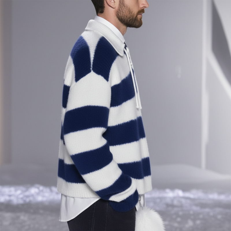 Men's Fashion Color Block Striped Tie-Neck Casual Knit Sweater MTA1068K7U