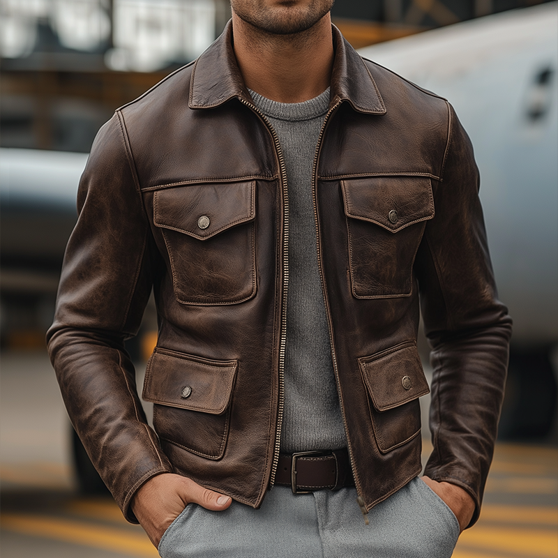 Men's Vintage Casual Faux Leather Multi-Pocket Lapel Zipper Jacket MTA1720I2TO