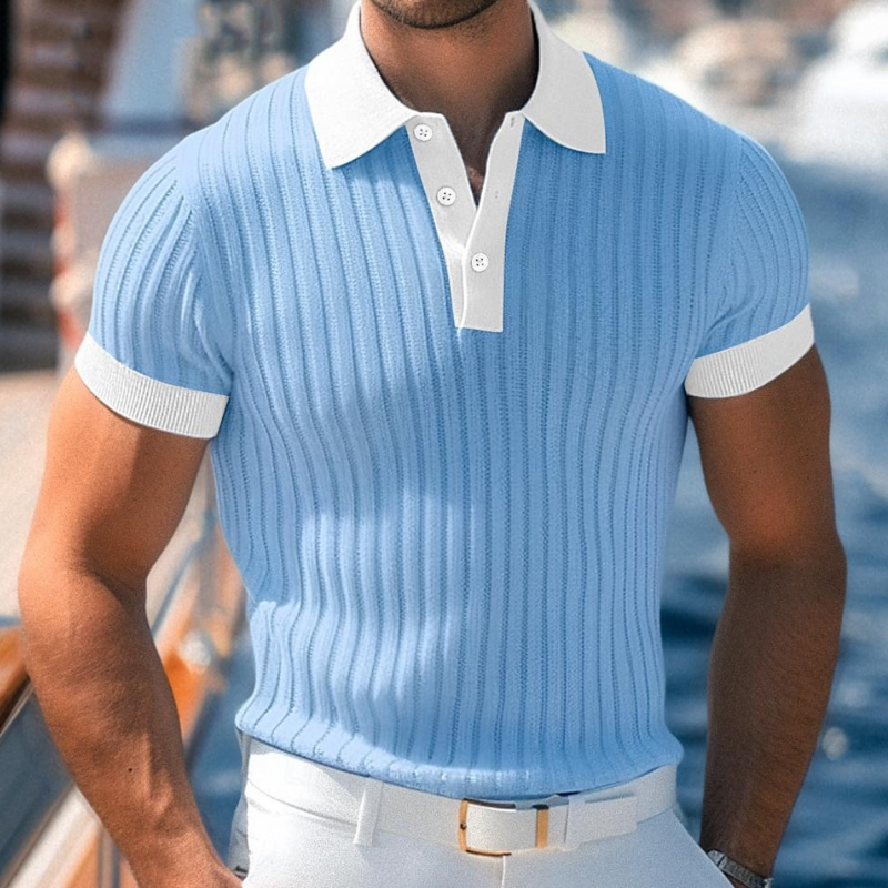 Men's Casual Breathable Contrast Color Lapel Slim Fit Knitted Short-sleeved Polo Shirt MTA2148G1M