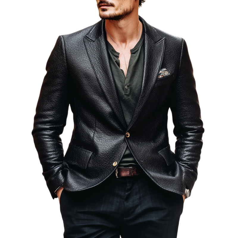 Men's Vintage Litchi Texture PU Peak Lapel Single-Breasted Slim-Fit Blazer MTA1928H7M
