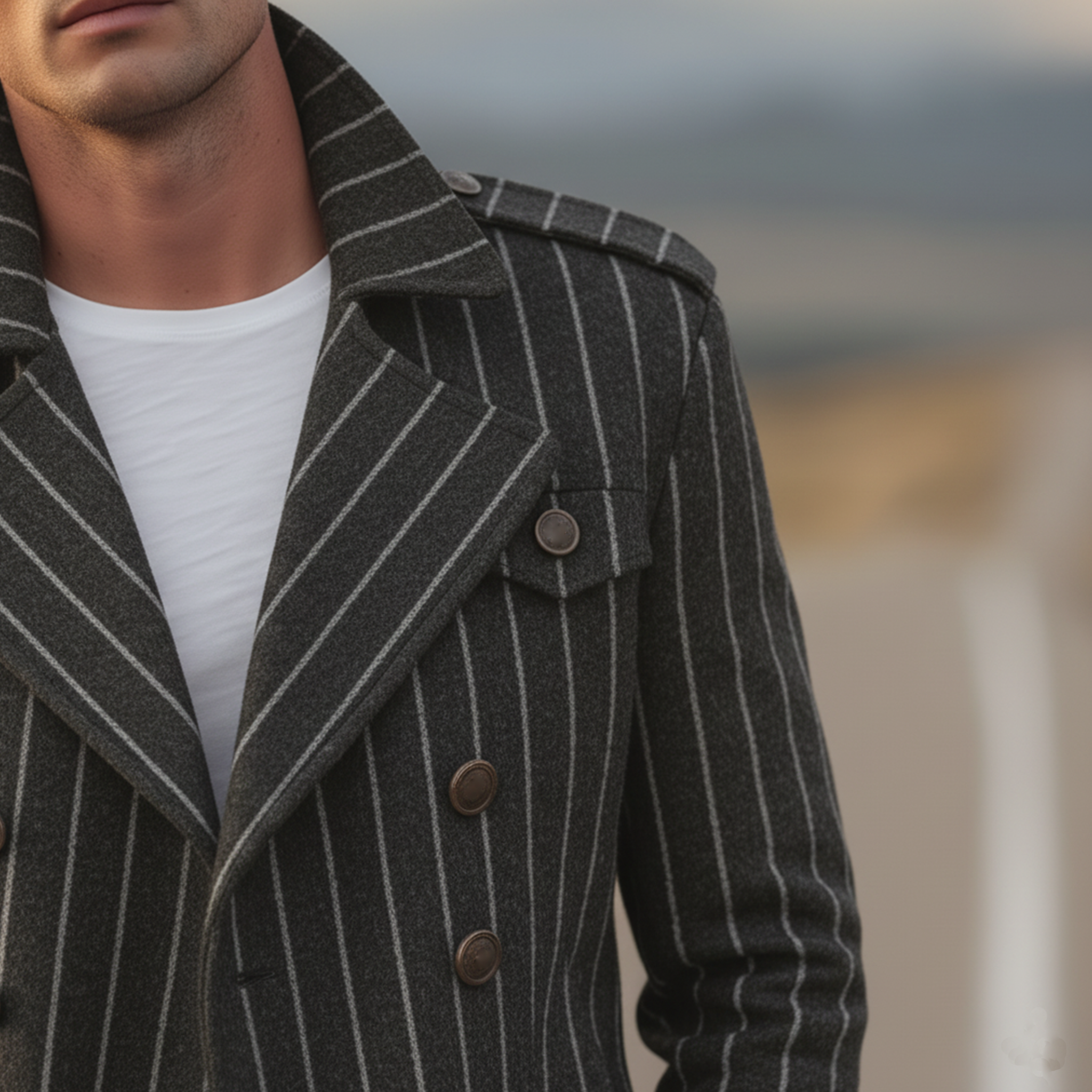 Men's Classic Retro Lapel Vertical Striped Faux Wool Double-breasted Jacket MTA2875I2K