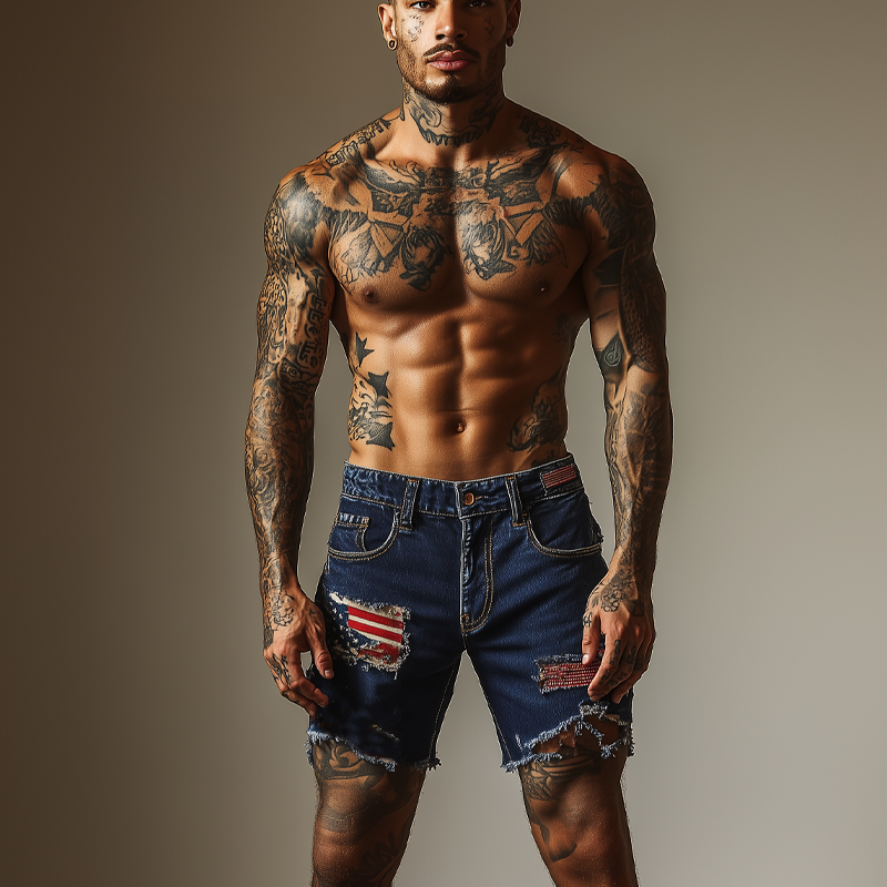 Men's American Flag Washed Ripped Denim Shorts MTA1749F4X