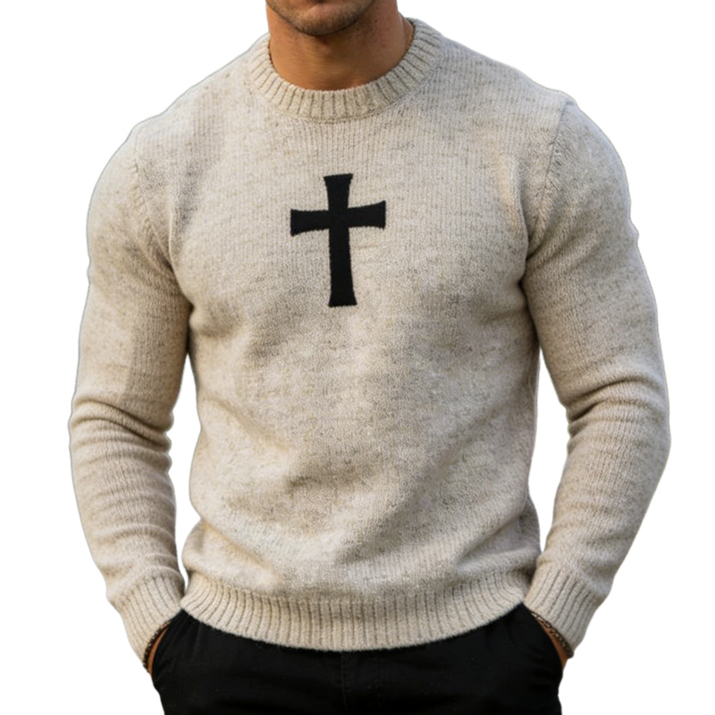 Men's Retro Casual Cross Knit Crew Neck Sweater MTA1604L6TO