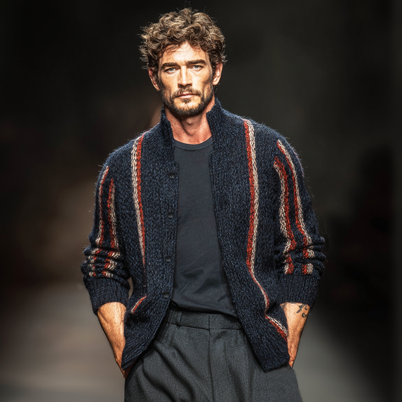 Men's Classic Navy Blue Colorblock Line Stand Collar Knitted Button Cardigan MTA2237J8U