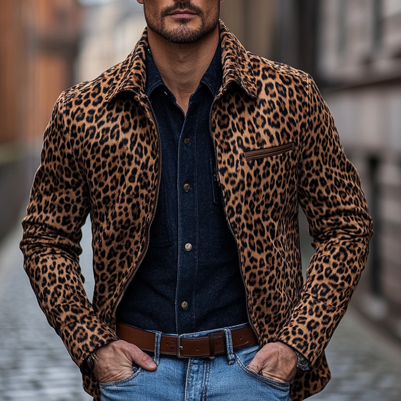 Men's Vintage Leopard Print Lapel Faux Suede Jacket MTA0118I5X