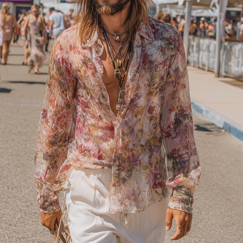 Men's Vintage Casual Floral Print Lapel Long Sleeve Shirt MTA2533G5TO