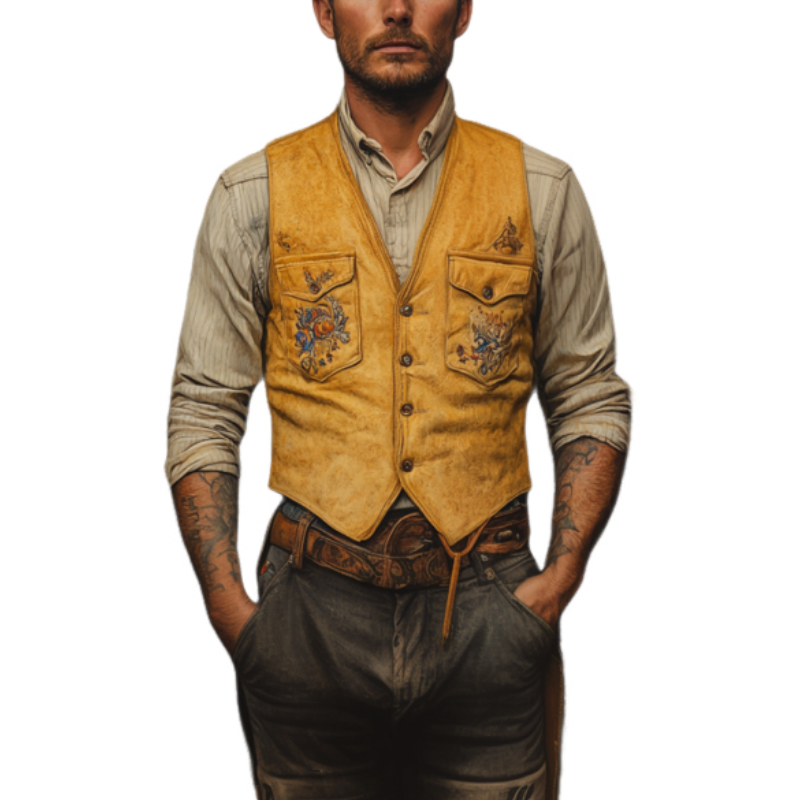 Men's Classic Vintage American Western Embroidery Slim Suede Vest 13149805K