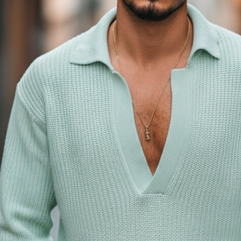 Men's Retro Casual Solid Color Knitted Lapel Pullover Sweater MTA2458I8TO