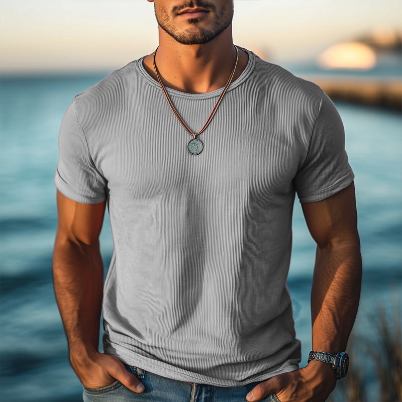 Men's Summer Round Neck Solid Color Knitted Short-sleeved T-shirt MTA2872G1U