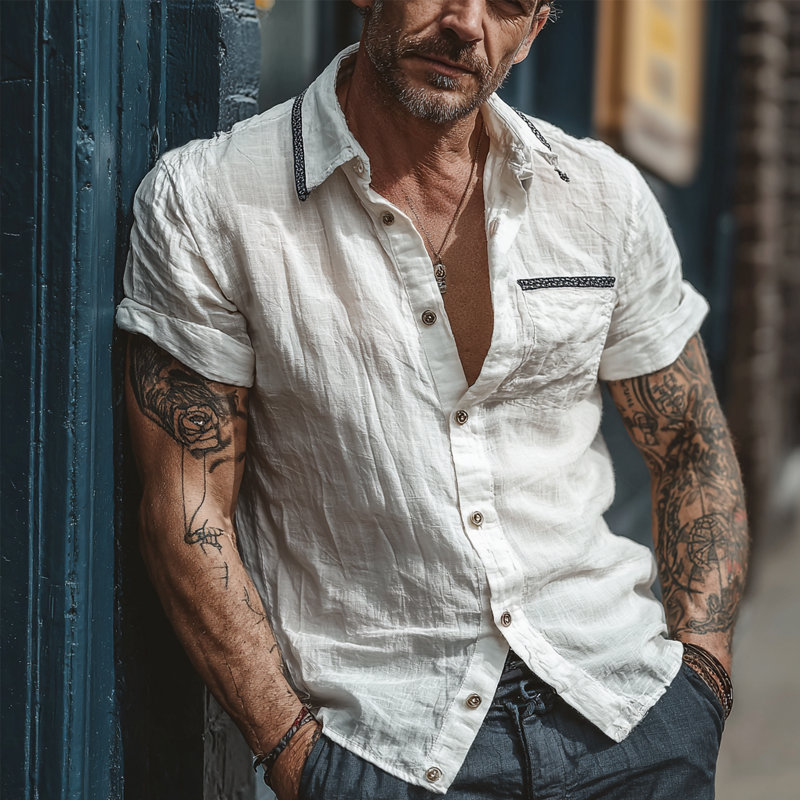 Men's Cotton And Linen Casual Short-Sleeved Lapel Shirt MTA0358G6X