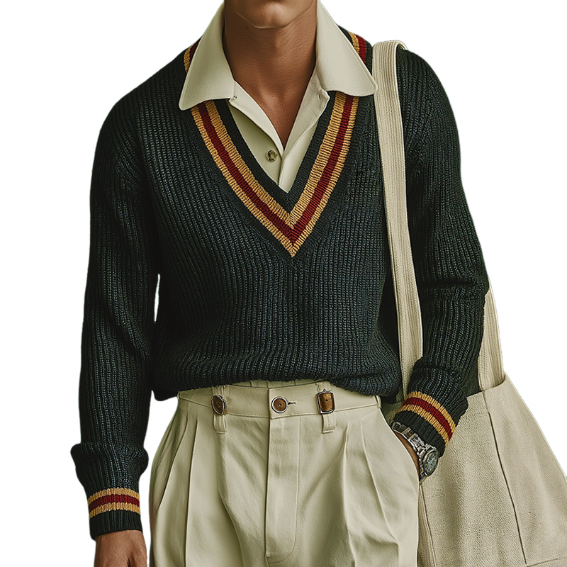 Men's Retro Casual British College Style Knitted V-neck Sweater MTA1817I1TO