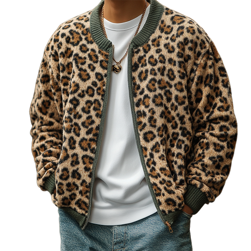 Men's Casual Leopard Print Jacquard Crew Neck Knit Cardigan MTA3072J3X