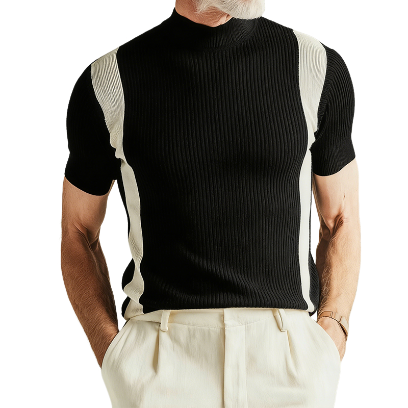 Men's Retro Casual Knit Striped High Neck Short Sleeve T-Shirt MTZ0455B0TO