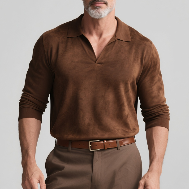 Men's Solid Faux Suede Lapel Long Sleeve Polo Shirt MTA2875G6Z
