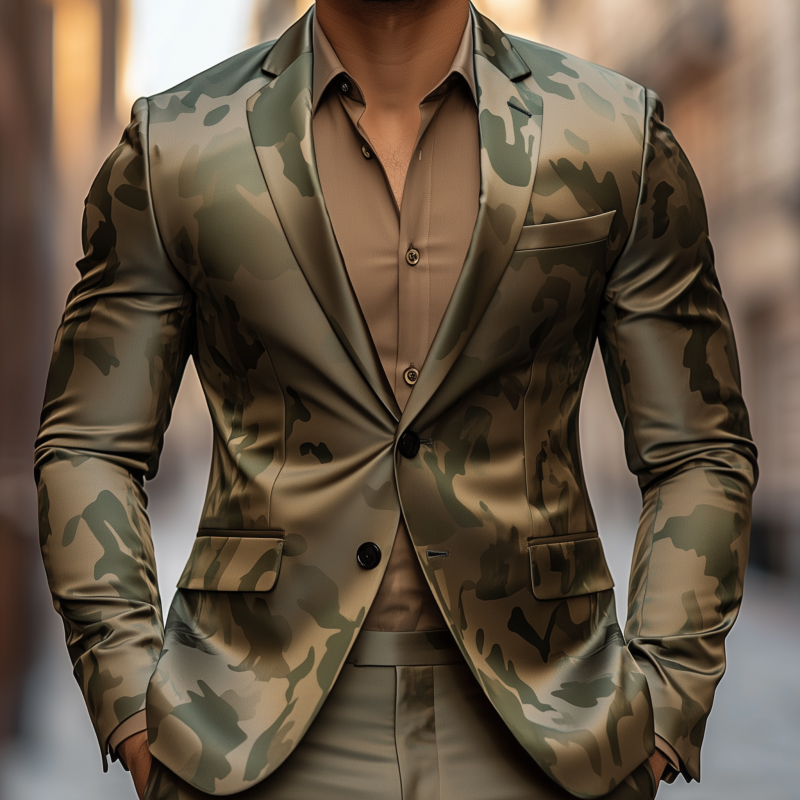 Men's Casual Camouflage Print Satin Notch Lapel Single Breasted Slim Fit Blazer MTA2820G3M