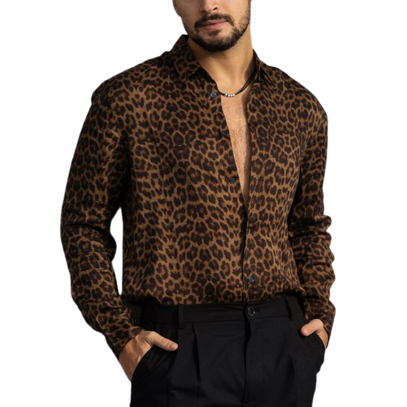 Men's Smart Casual Leopard Print Satin Long Sleeve Shirt 18468461K