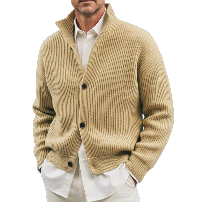 Men's Classic Beige Stand Collar Button Knit Cardigan MTA1736J4U