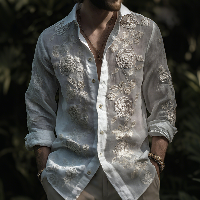 Men's White Rose Embroidered Lapel Long Sleeve Cotton And Linen Shirt MTA3112G1Z
