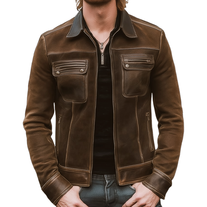 Men's Vintage Suede And PU Leather Patchwork Zipper Jacket MTA0854I5U