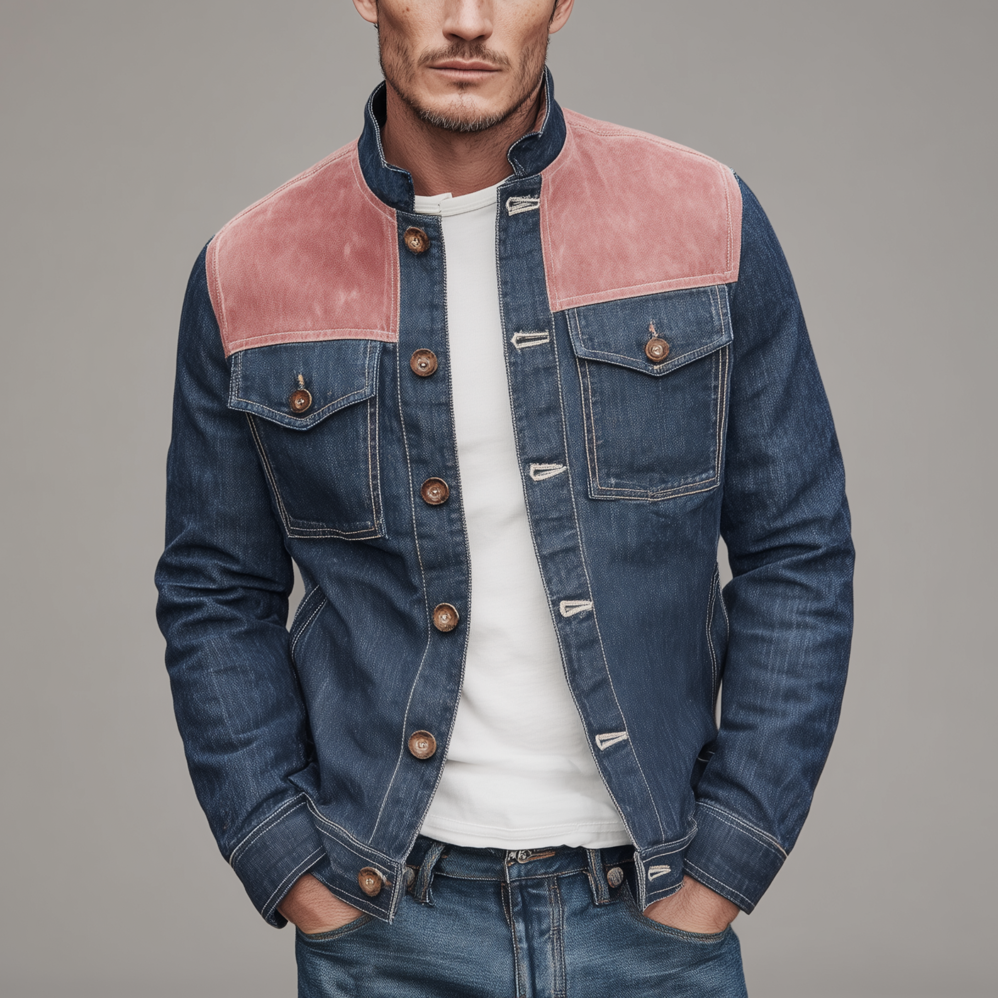 Men's Classic Casual Denim And Pink Suede Stand-up Collar Jacket MTA2657H7K