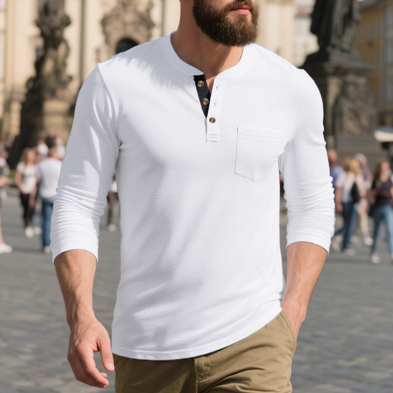 Men's Cotton Blend Colorblock Henley Collar Long Sleeve T-Shirt MTA2837G8X