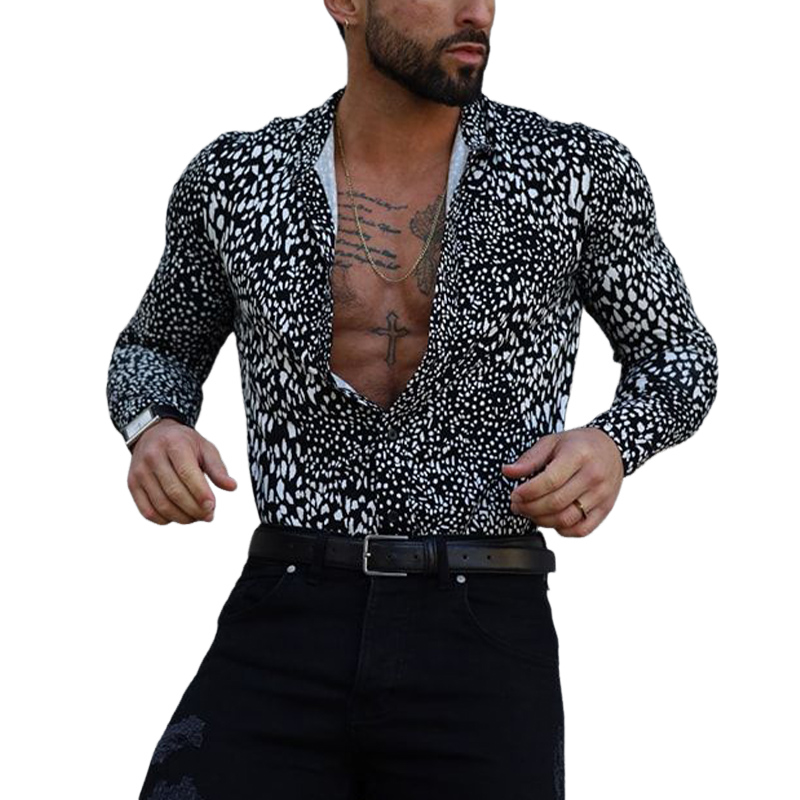 Men's Casual Loose Black and White Printed Long Sleeve Shirt 16077966U