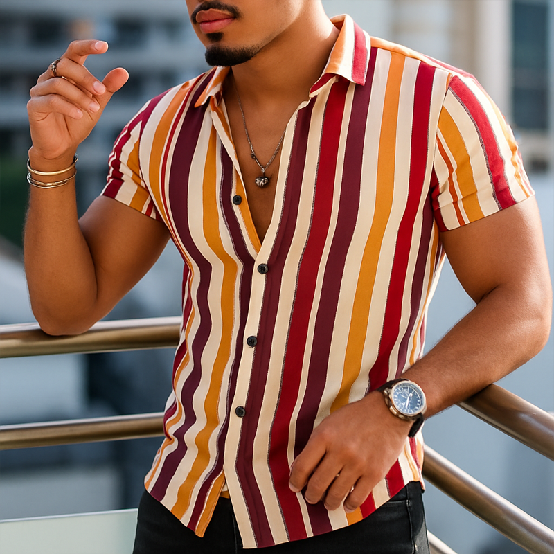 Men's Summer Classic Color Vertical Striped Short Sleeve Shirt MTA0545F3U