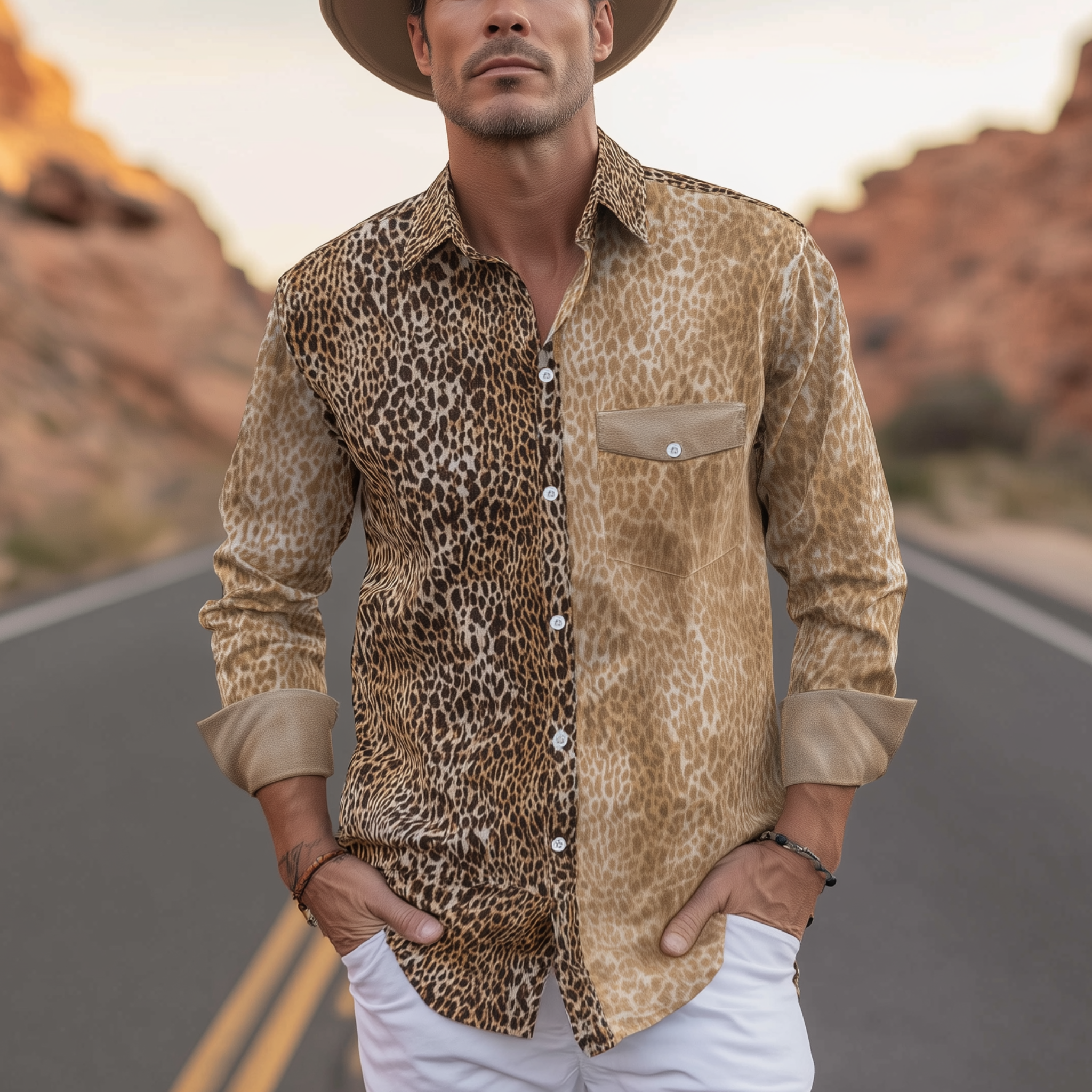 Men's Classic Retro Western Style Cuffs Suede Patchwork Leopard Print Cotton Blend Long Sleeve Shirt MTA2231H4K