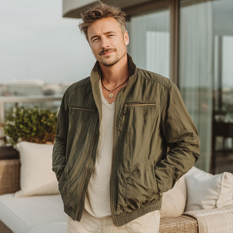 Men's Classic Military Green Stand-up Collar Zip-up Jacket MTA2919I7U