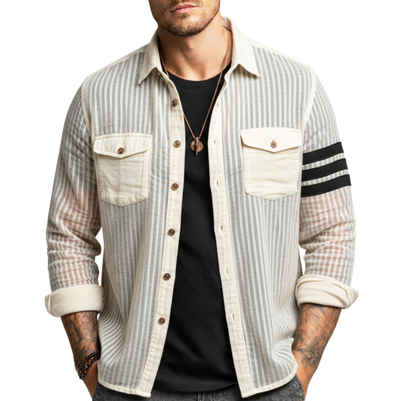 Men's Fashionable Coastal Semi-sheer Striped Casual Long-sleeved Shirt MTZ1944A5U