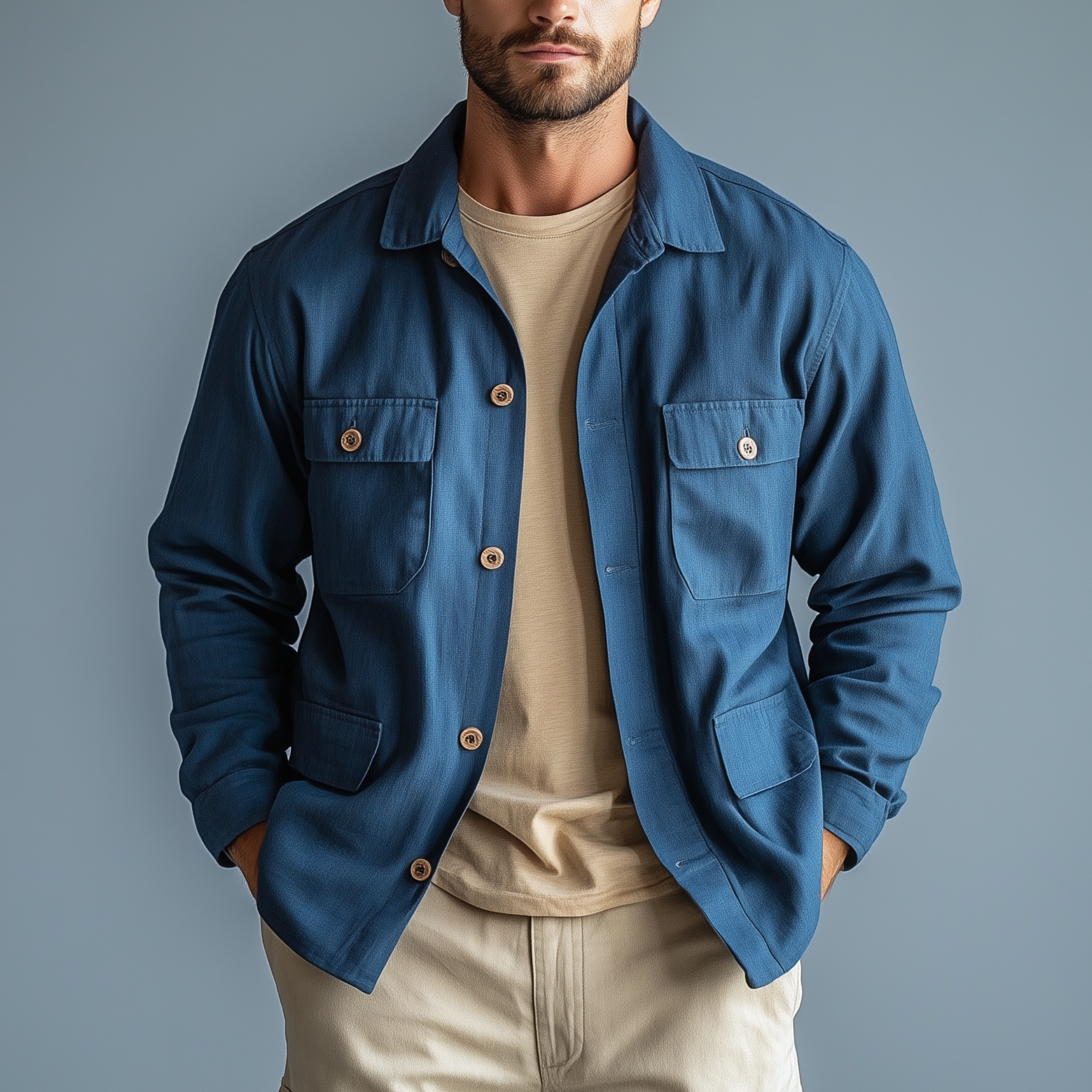 Men's Classic Casual Cotton And Linen Blend Lapel Multi-pocket Long-sleeved Shirt-style Thin Jacket MTA2461G4K