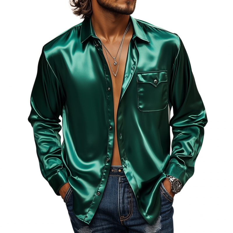 Men's Vintage Elegant Solid Color Breathable Satin Lapel Chest Pocket Loose Long Sleeve Shirt MTA1669F0M
