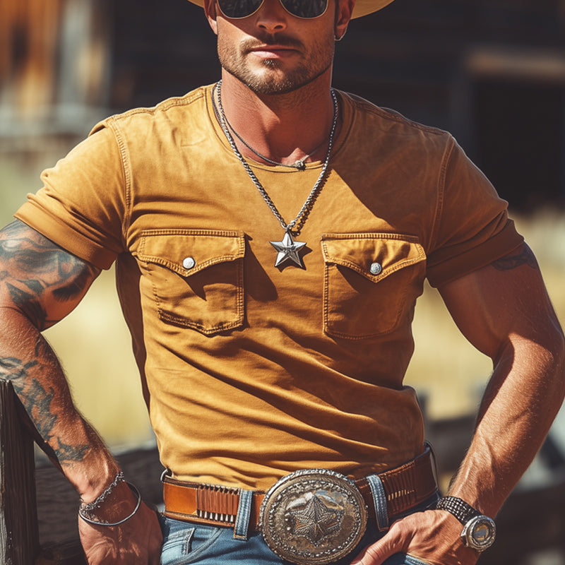 Men's Summer Western Cowboy Style Round Neck Double Pocket T-Shirt MTA2975E2U