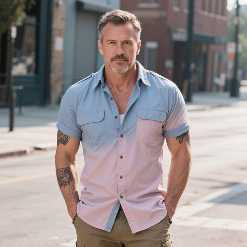 Men's Retro Casual Street Gradient Print Pocket Lapel Short Sleeve Shirt MTA1441E8TO