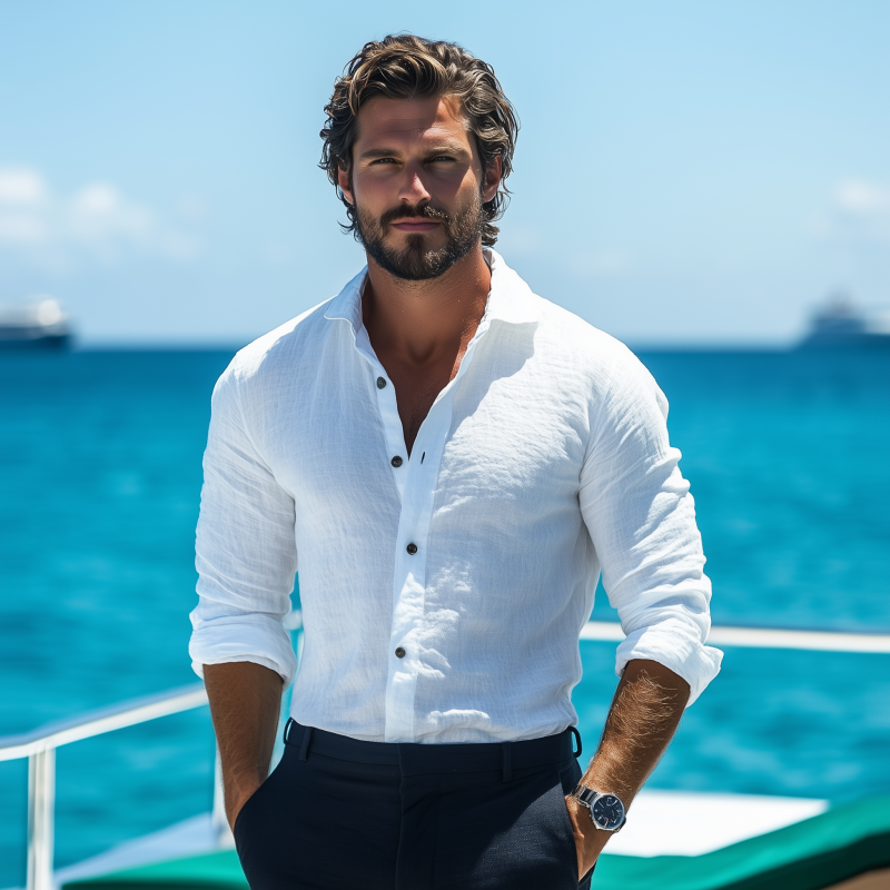 Men's Casual Solid Color Breathable Linen Lapel Slim Fit Long Sleeve Shirt MTA1128F2M