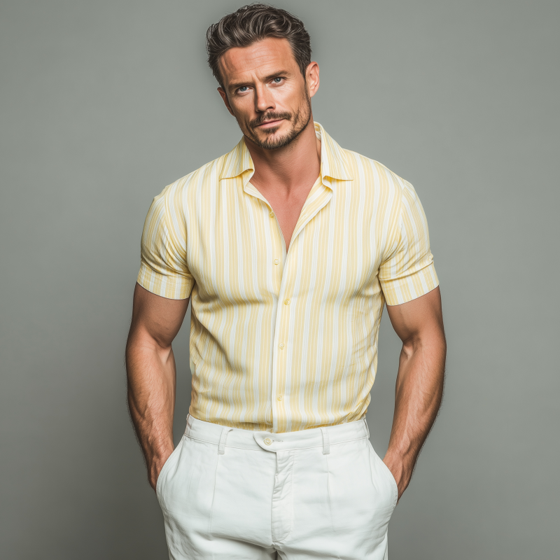 Men's Casual Breathable Striped Cotton Lapel Slim Fit Short Sleeve Shirt MTA2292G1M