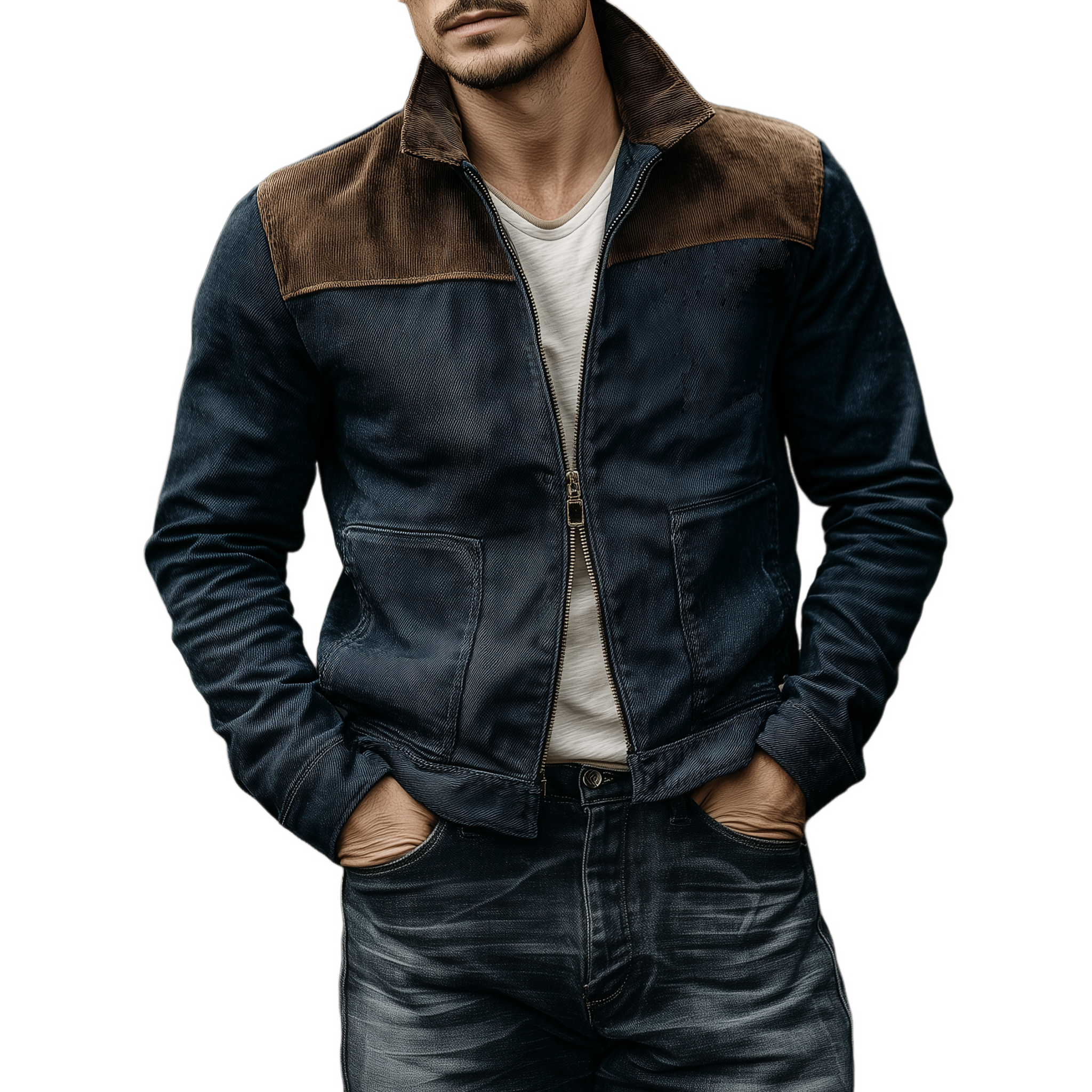 Men's Classic Casual Lapel Corduroy Patchwork Twill Cotton Zipper Jacket MTA1041I0K