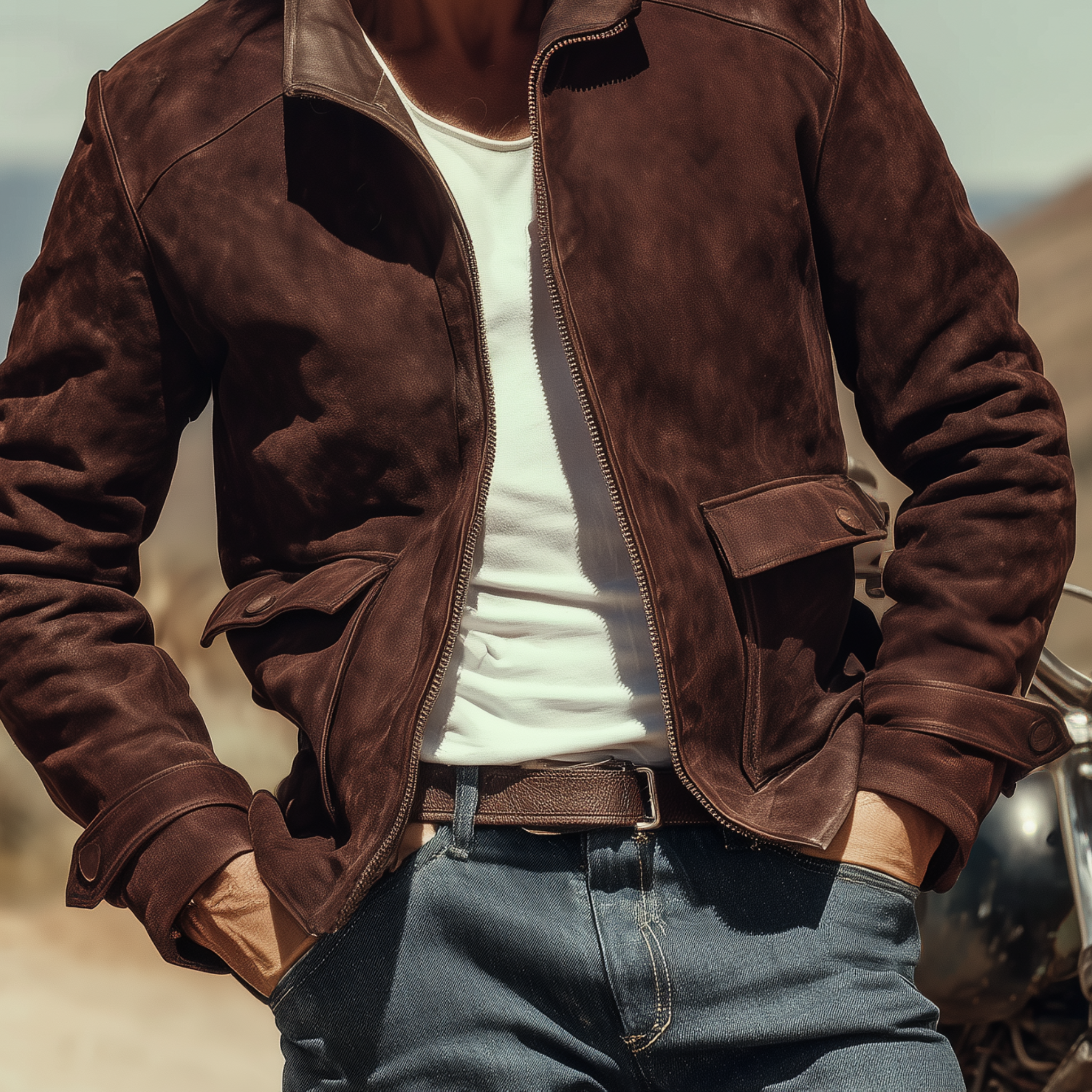Men's Classic Western Retro Tough Style Stand Collar Suede Jacket MTA0516I1K