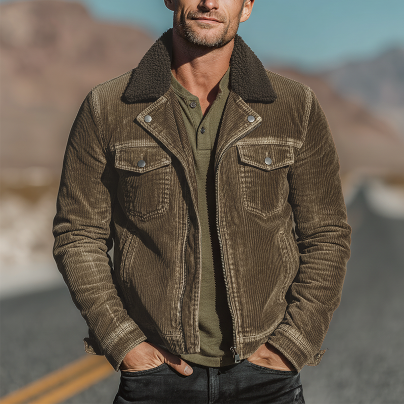 Men's Winter Fashion Washed Corduroy Fleece Detachable Collar Jacket MTA2525I9P