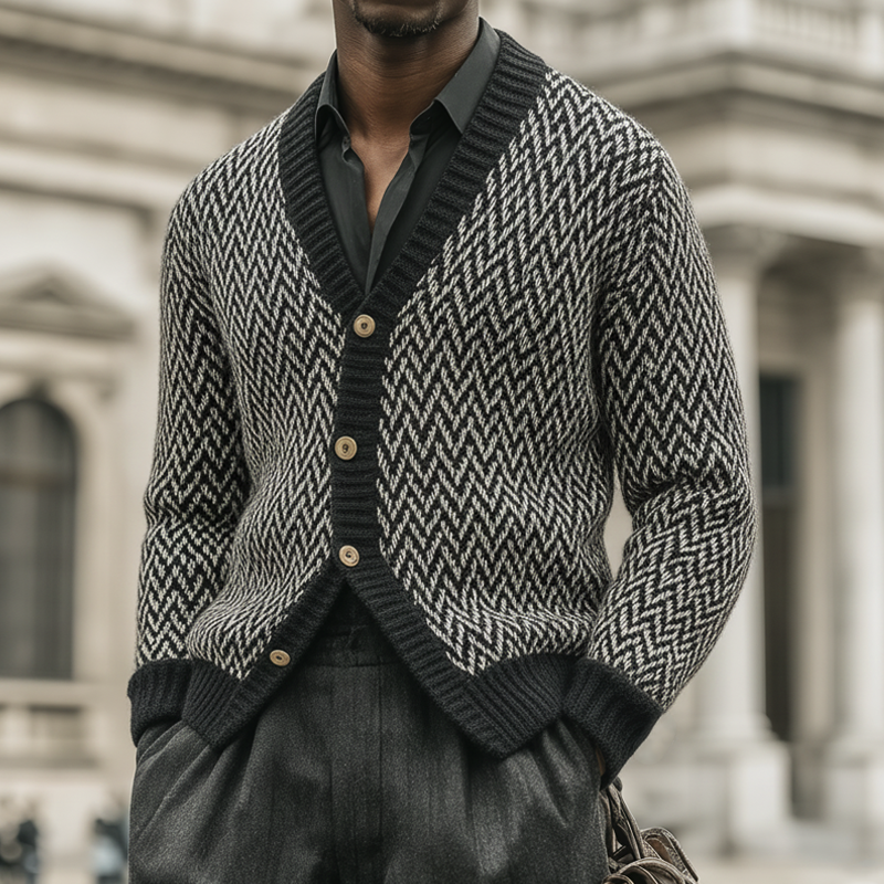 Men's Vintage Zigzag Colorblock Jacquard Button Knit Cardigan MTA2119J7U