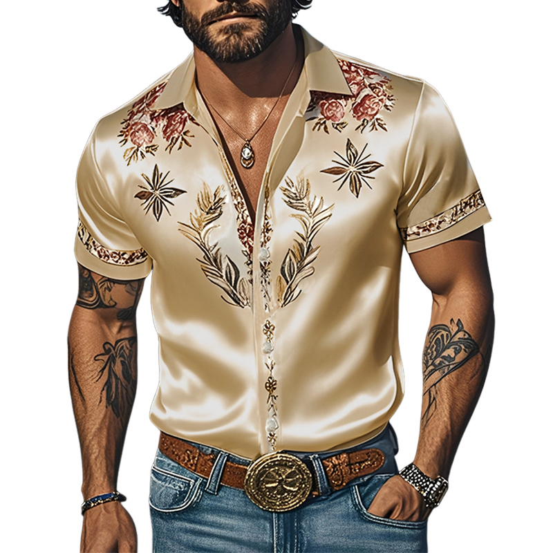 Men's Spring And Summer Fashion Casual Western Cowboy Style Satin Champagne Gold Print Short Sleeve Shirt MTA1644E0K